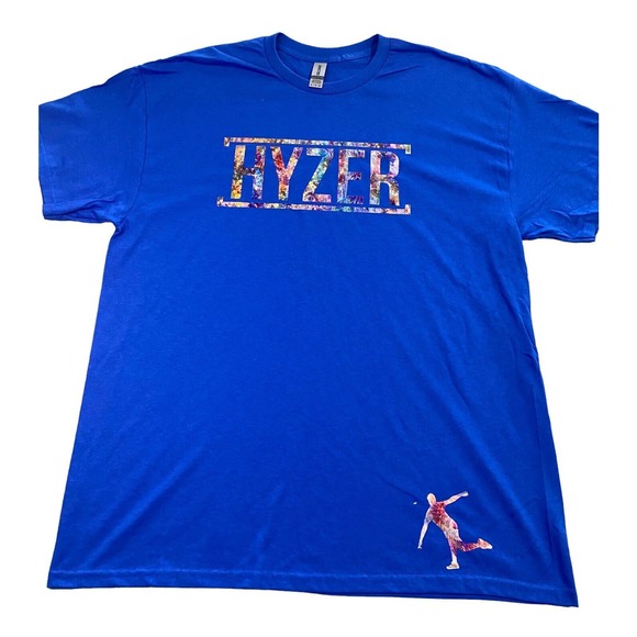 Disc Golf Shirt HYZER HOLOGRAPHIC RAINBOW Vinyl Custom Logo XL T-Shirt BLUE - Picture 1 of 6